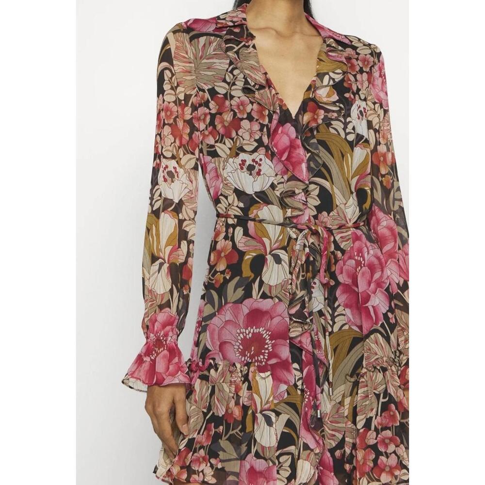 Ted Baker Elegant Floral Print Ruffle Wrap Dress with Belt